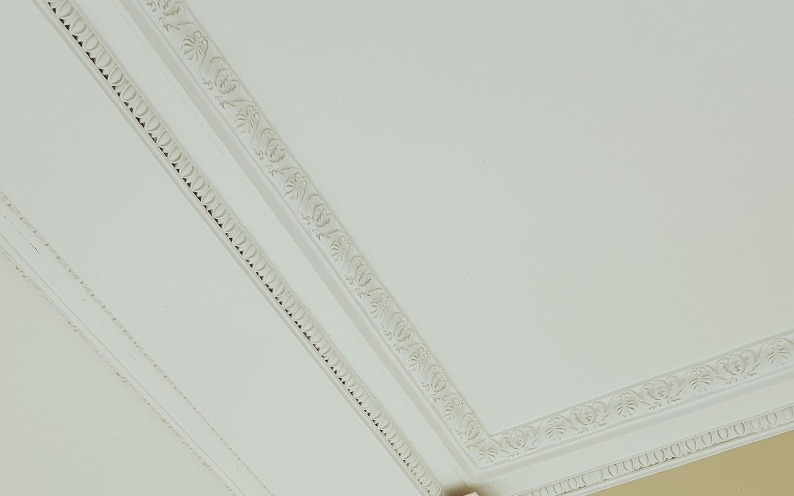 Ornate plaster cornice running along a period ceiling