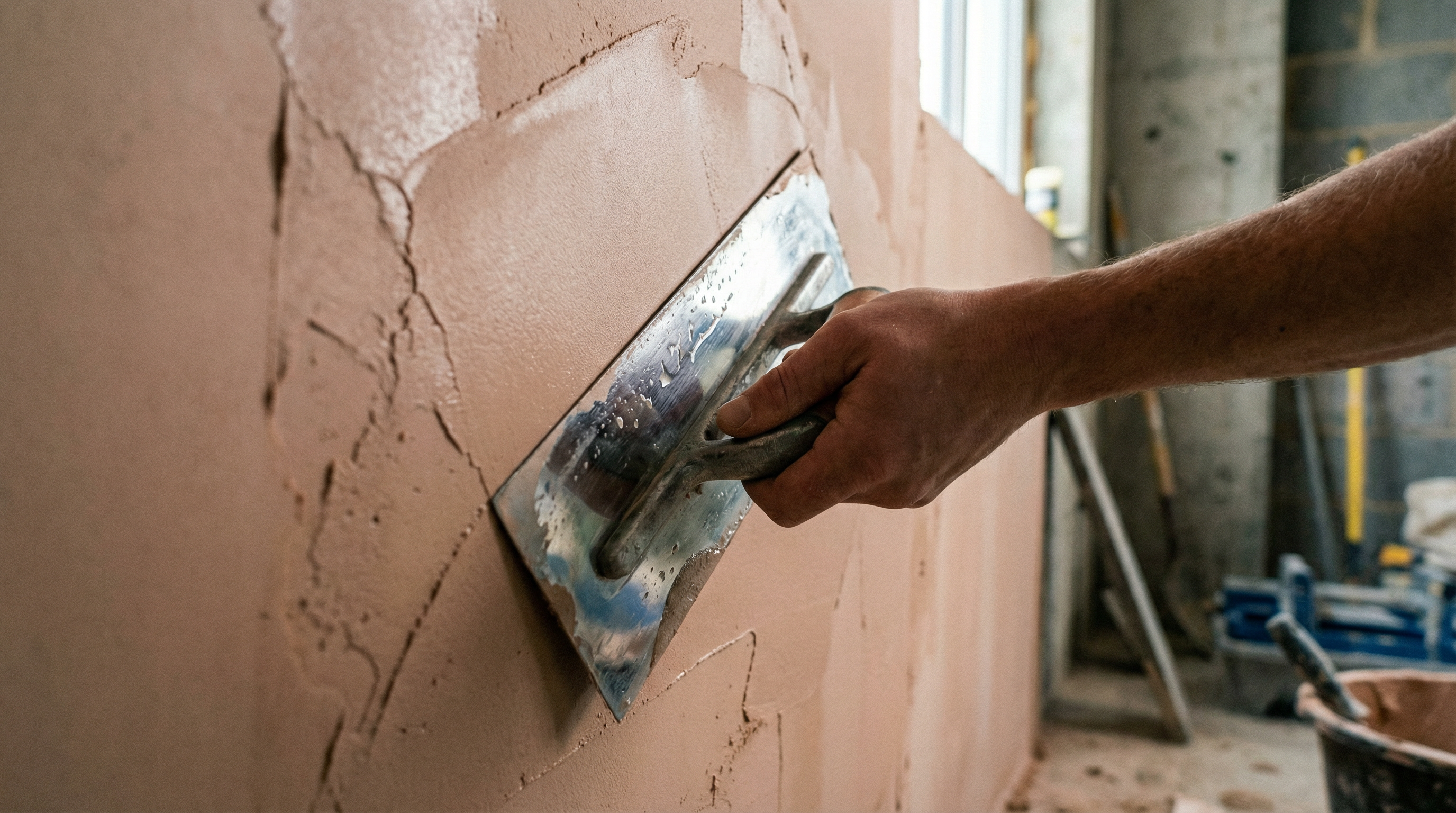 Professional plasterer smoothing a wall in Teesside